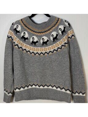 Gray Fair Isle Halloween Black Cat Novelty Knit Sweater EUC Fall Cute Medium